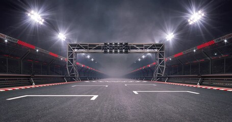 Empty pole position and racetrack finish line with steel gate and glowing floodlights illuminated sport stadium at night. Professional 4K video loop for racing sports advertising. - Powered by Adobe