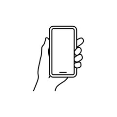 Smartphone in hand icon vector. Simple outline style. Thin line symbol.