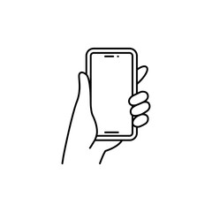 Smartphone in hand icon vector. Simple outline style. Thin line symbol.