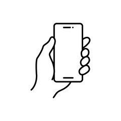 Smartphone in hand icon vector. Simple outline style. Thin line symbol.