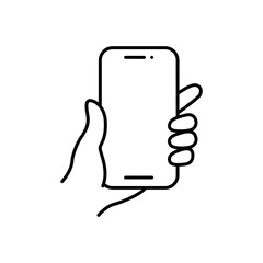 Smartphone in hand icon vector. Simple outline style. Thin line symbol.