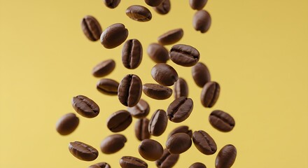 Obraz premium Falling coffee beans in the air close up isolated on pastel background 