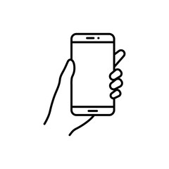 Smartphone in hand icon vector. Simple outline style. Thin line symbol.