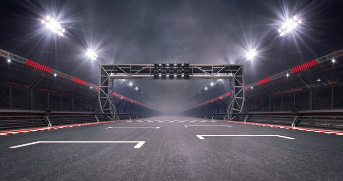 Empty pole position and racetrack finish line with steel gate and glowing floodlights illuminated sport stadium at night. Professional 4K video loop for racing sports advertising.