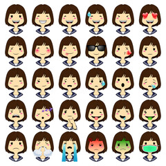 School girl cute emoticon set.