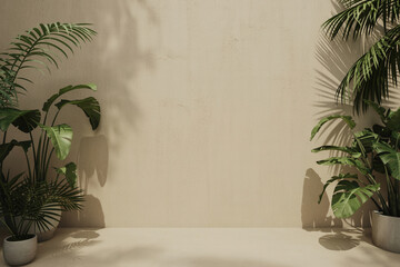 Fototapeta premium Minimalist beige interior with two potted plants and long window shadows in warm natural sunlight