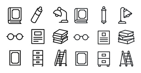 Library and study outline icons set &ndash; linear, silhouette, book and reading symbols