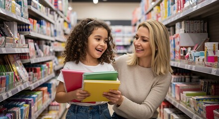 Happy mother and daughter choosing school supplies together in a stationery store aisle.