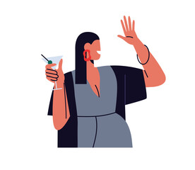 Woman with cocktail at evening party. Female holding martini glass, smiling and greeting with hand, hi gesture, celebrating with alcohol drink. Flat vector illustration isolated on white background