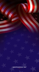 An ornate blue illustration featuring wavy American flag elements.
