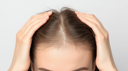 Fototapeta premium Woman Parting Hair Showing Scalp and Thinning Hair scalp woman parting hair loss thinning hair hand