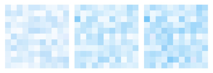 Y2k inspired set of light blue square pixelated seamless background. Abstract water block vector texture. Pixel style game pattern. Mosaic bg. Vector square backdrop for poster, cover, banner