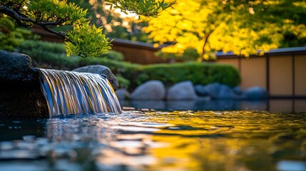Fototapeta premium Serene Waterfall in Japanese Garden at Sunset
