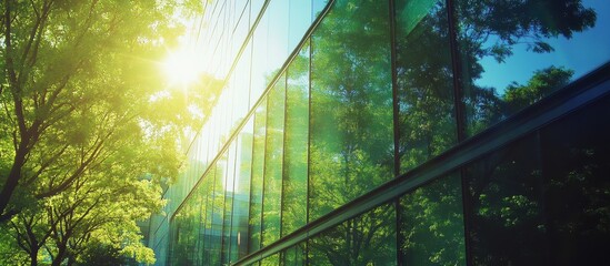 a modern glass building with trees and sunlight reflecting on the surface, creating an eco friendly atmosphere