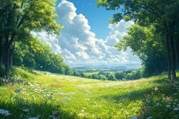 Sunny meadow, forest view, rolling hills, springtime, idyllic nature scene, background, postcard
