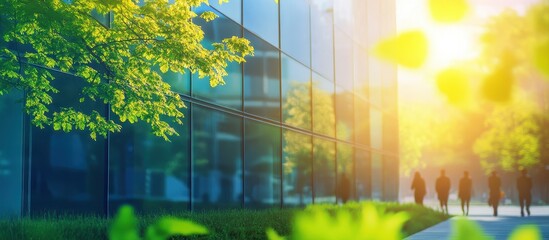 a glass building with green trees outside, sunlight shining through the leaves on people walking in front of it