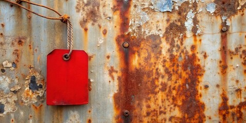 A vibrant red tag hangs from a weathered, rusty metallic surface, offering a striking contrast against the aged texture