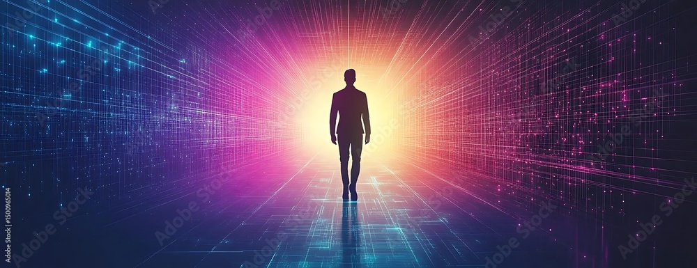 Aufkleber man walks digital future; data background