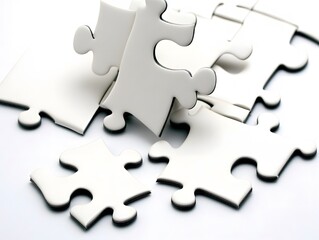 White Jigsaw Puzzle Pieces Scattered on White Background