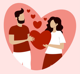 Couple sharing a heartfelt moment on Valentines Day with loving gestures and floating hearts in a romantic illustration