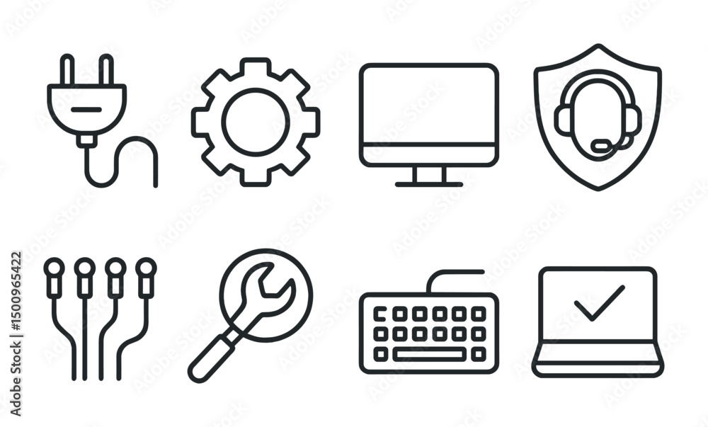 Poster technology icons set featuring computer, tools, plug, and security elements