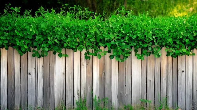 Verdant greenery cascading over weathered wooden fence, defining rustic landscape border with lush abundance