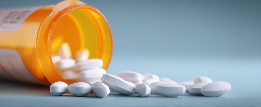 The spilled prescription bottle revealing white tablets on a blue background.