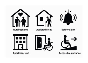 Icons representing elderly care, safety, and accessibility for housing concepts