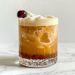 A Whiskey Sour Cocktail with a Frothy Egg White Top and a Cherry Garnish
