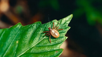 Naklejka premium Close-up of a tick on green leaf in natural environment,symbolizing danger of tick-borne diseases and parasites in wildlife. Health risk and medical concept.