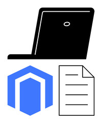 Laptop silhouette, Magento logo, and sheet of text document. Ideal for e-commerce, web development, content management, technology, branding digital tools marketing. Flat simple metaphor