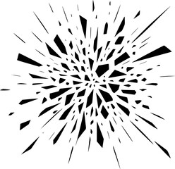 Abstract burst design with shattered and fragmented black pieces on white background