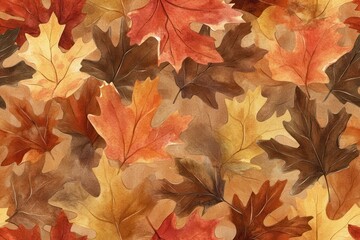 Fototapeta premium a seamless pattern of autumn leaves in earthy tones, rendered with watercolor and ink outlines for an artistic touch