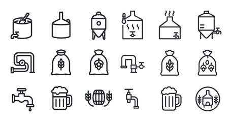 Beer brewing outline icons set – line, silhouette, craft beer and brewery symbols