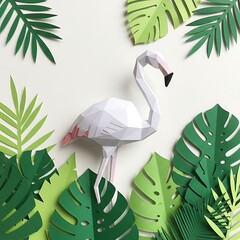 Flamingo tropic papercraft monstera leaves summer exotic botanical origami foliage design artwork