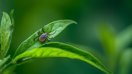 Fototapeta premium Close-up of a tick on green leaf in natural environment,symbolizing danger of tick-borne diseases and parasites in wildlife. Health risk and medical concept.