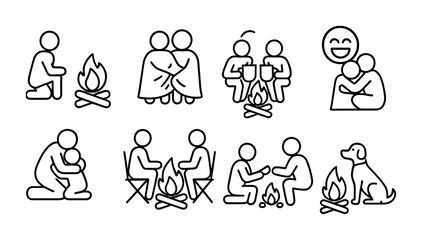 Cozy campfire scenes and friendship icons for social connection design