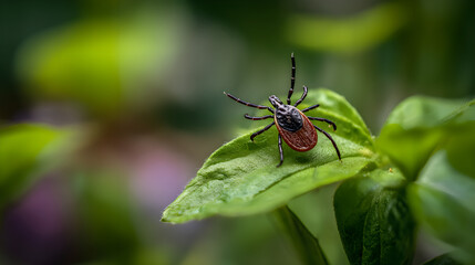 Fototapeta premium Close-up of a tick on green leaf in natural environment,symbolizing danger of tick-borne diseases and parasites in wildlife. Health risk and medical concept.