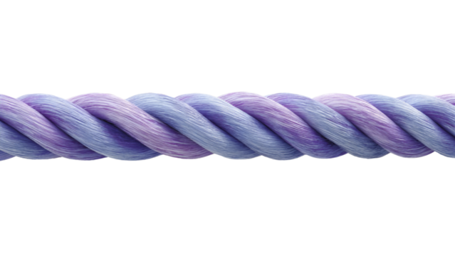 Close up of twisted purple and blue rope isolated on transparent background, showcasing its intricate texture and design for various creative applications