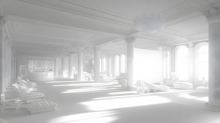 Luxurious White Grand Hall Interior Design with Classical Columns and Sunlight