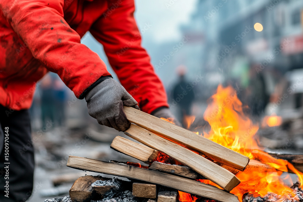 Poster building a fireplace with wood logs while creating warmth and energy amidst chaotic surroundings dur