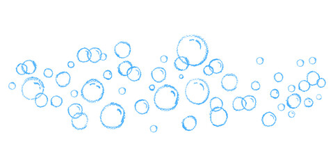 Cartoon soap blue bubbles. A foam sample with blue pastel round shapes. Vector charcoal illustration of a card with shampoo or drinking foam. Simple soap background. Oxygen circles flying