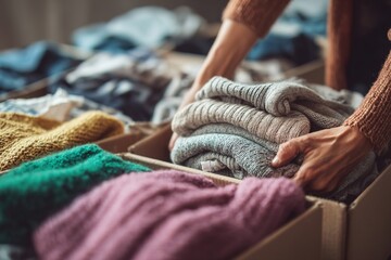 Close-up of woman sorting clothes while packing donation boxes for charity. High quality
