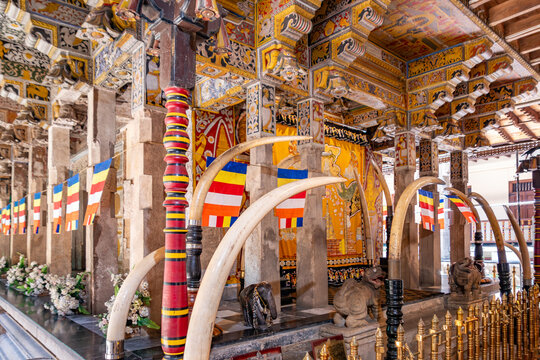Altar inside of the Sri Dalada Maligawa or the Temple of the Sacred Tooth Relic, a Buddhist temple in the city of Kandy, Sri Lanka. which houses the relic of the tooth of the Buddha..