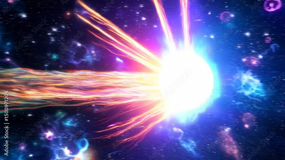 Poster bright sphere with light rays in deep space filled with clusters of cosmic dust and twinkling stars 