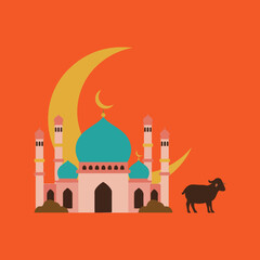 An illustration showcases an Islamic theme with a stylized mosque against a large crescent moon and a solid orange background, complemented by a silhouette of a ram.