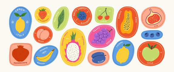 Set of vintage colorful fruit and berry sticker. Hand drawn organic food labels. Lemon, mango, apple, dragon fruit, banana, strawberry, cherry. Tropical exotic summer fruits. Vector flat illustration.
