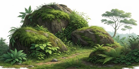 Obraz premium Lush Tropical Rockscape Mossy Stones, Path, Plants, Jungle, 3D Render Jungle,Rockscape