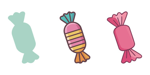 Sweets and candies icon vector set on white background, Candy icon vector illustration, candy and lollipop, kawaii Cute Pastel Set of candy sweets desserts with different types isolated on White.