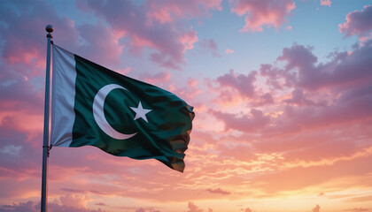 Pakistan Flag Waving at Sunset  National Symbol  Patriotism  Green White Crescent Star
